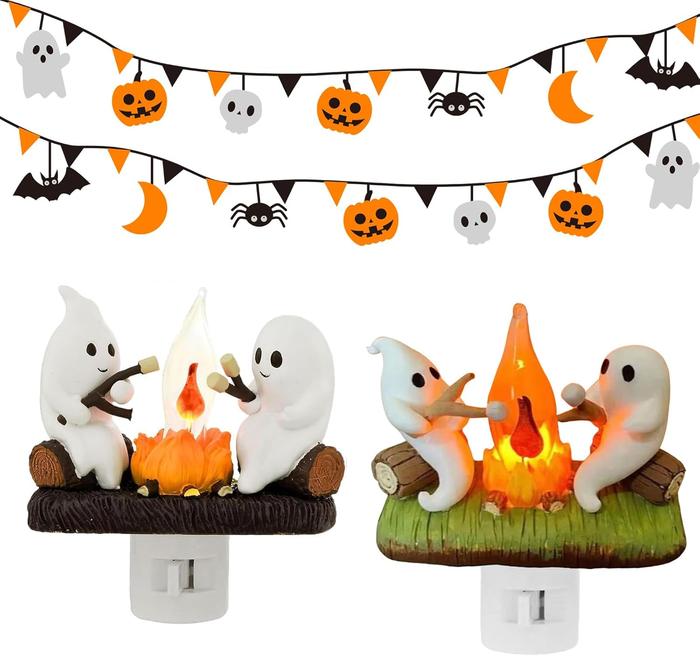 3D LED Ghost Campfire Nightlight, Halloween Night Light Plug into Wall, 3D Flickering Nightlight