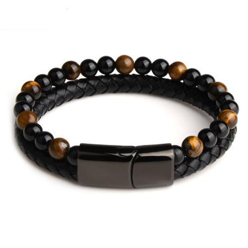 Black Onyx &amp; Tiger Eye Men Chakra Bead Bracelet, Natural Marnau Leather Bracelet