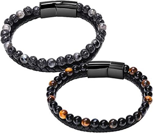 Black Onyx &amp; Tiger Eye Men Chakra Bead Bracelet, Natural Marnau Leather Bracelet