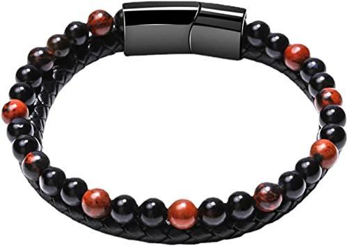 Black Onyx &amp; Tiger Eye Men Chakra Bead Bracelet, Natural Marnau Leather Bracelet