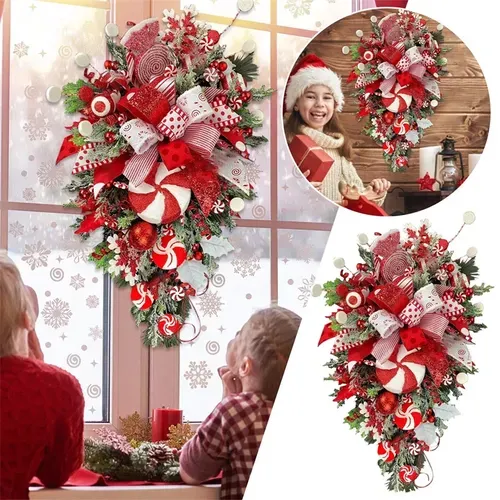 Christmas Garland with Candy Cane Bow for Front Door Window Wall Hanging Decorations