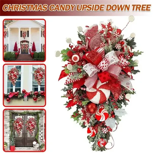 Christmas Garland with Candy Cane Bow for Front Door Window Wall Hanging Decorations