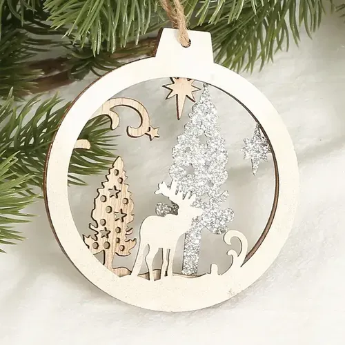 Christmas Tree Ornaments Set with Glitter Reindeer and Gift Tags