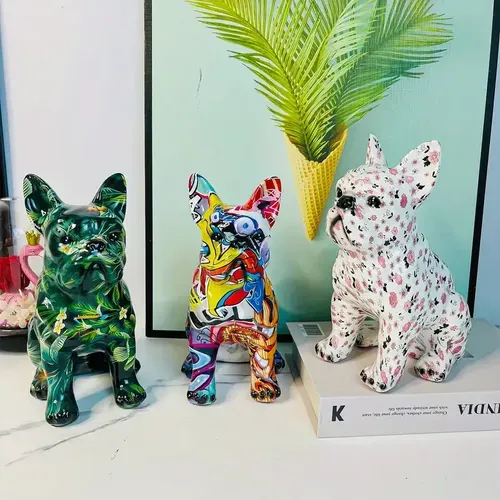 Colorful French Bulldog Resin Figurine Statue - DIY Doodle Crafts for Bookshelf or Tabletop