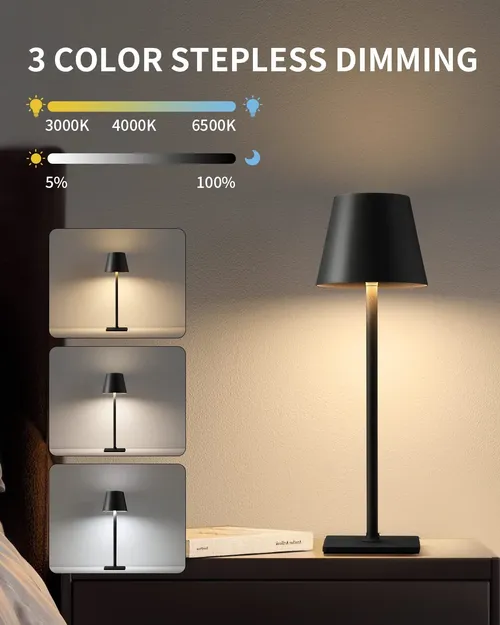 Cordless Table Lamp - USB Rechargeable, Waterproof, Touch Switch, for Bedroom, Hotel, Living Room, Restaurant