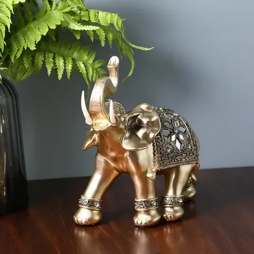 Golden Resin Elephant Statue with Elegant Trunk - Lucky Wealth Figurine Home Decor