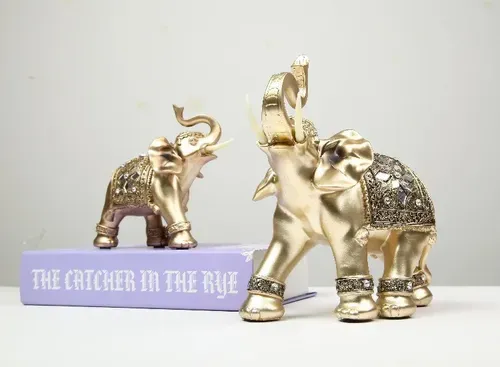 Golden Resin Elephant Statue with Elegant Trunk - Lucky Wealth Figurine Home Decor