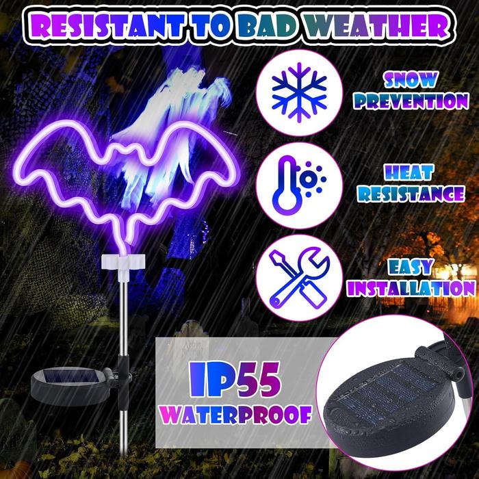 Halloween Decoration Outdoor, Solar Halloween Orange Purple Bat Garden Stake Lights, Neon Solar Outdoor Waterproof