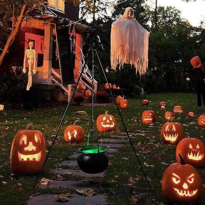 Halloween Witches Cauldron On Tripod – Large Witches Cauldron With Lights Mesh – Halloween Decorations Outdoor