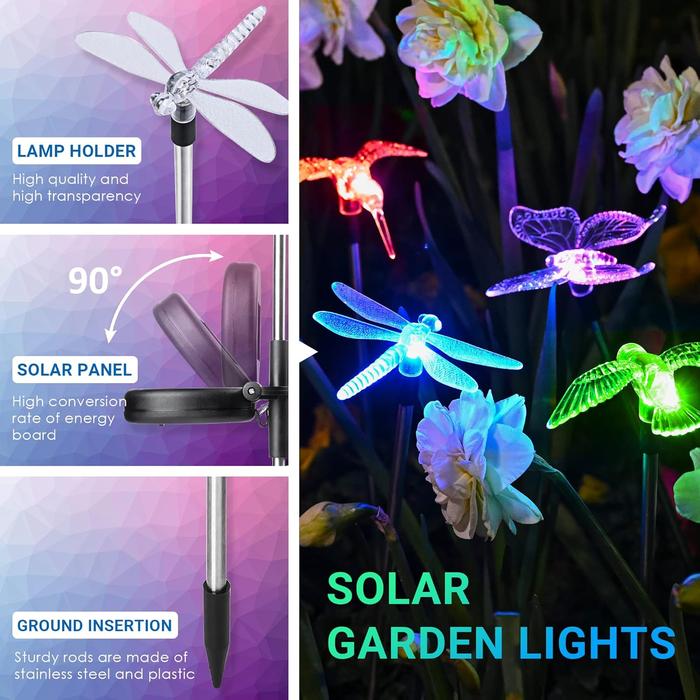 Solar Garden Lights, Solar Bird/Butterfly/Dragonfly Lights Solar Christmas Decorations, Multi-Color Changing LED Solar Light Stakes