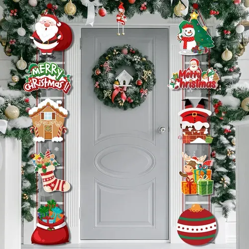 Merry Christmas Door Hanging Banner with Santa Claus and Snowman -  Home Decoration