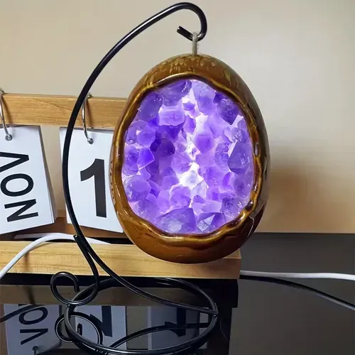 Natural Crystal Egg Shape Lamp with Amethyst &amp; Citrine Clusters - USB Powered LED Night Light for Bedroom Home Decor