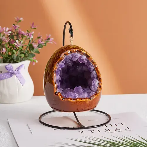 Natural Crystal Egg Shape Lamp with Amethyst &amp; Citrine Clusters - USB Powered LED Night Light for Bedroom Home Decor