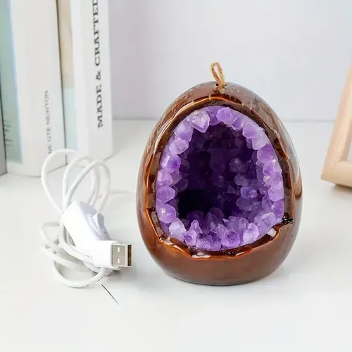 Natural Crystal Egg Shape Lamp with Amethyst &amp; Citrine Clusters - USB Powered LED Night Light for Bedroom Home Decor