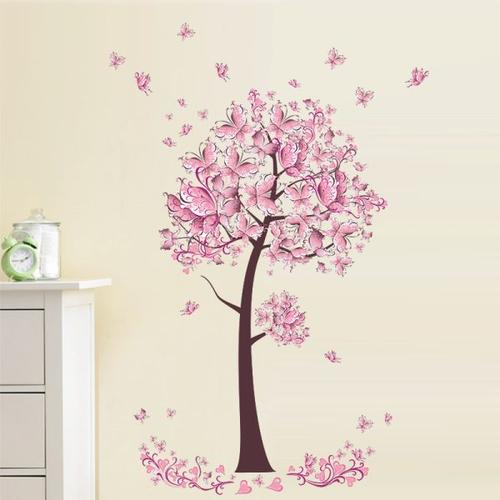 Pink Butterfly Flower Tree Wall Decals for Girls Women Living Room Bedroom Decor