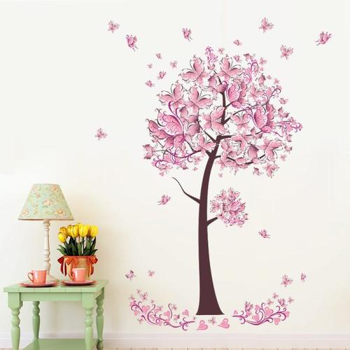 Pink Butterfly Flower Tree Wall Decals for Girls Women Living Room Bedroom Decor