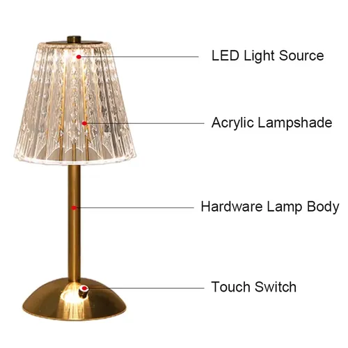 Rechargeable LED Crystal Table Lamp with 3 Colors Touch Dimming for Room, Restaurant, Cafe, Bar, Decorative Lights