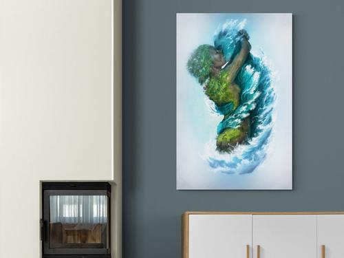 Sea and Land Couple Kiss Poster - Abstract Surrealism Wall Art for Living Room