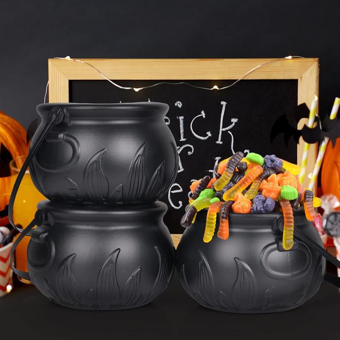 Set of 3 Witches Cauldron Serving Bowls on Rack, Black Plastic Hocus Pocus Cety Bucket Cauldron, Halloween Party Decorations