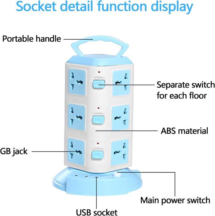 Tower Surge Protector Power Strip, Universal Outlets, 3 USB ports, Heavy Extension Cord, Overload Protection